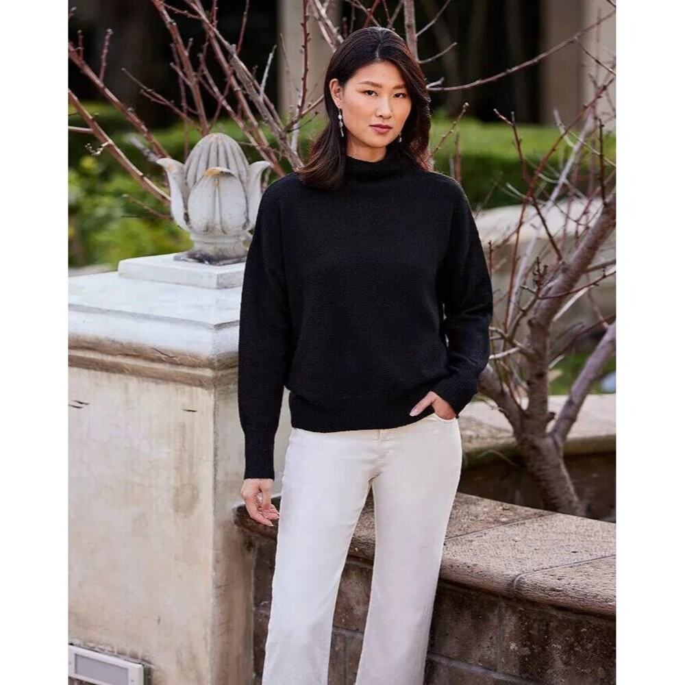 Karen Kane Black Mock Neck Sweater Women's Size Large Ribbed Trims Long Sleeve